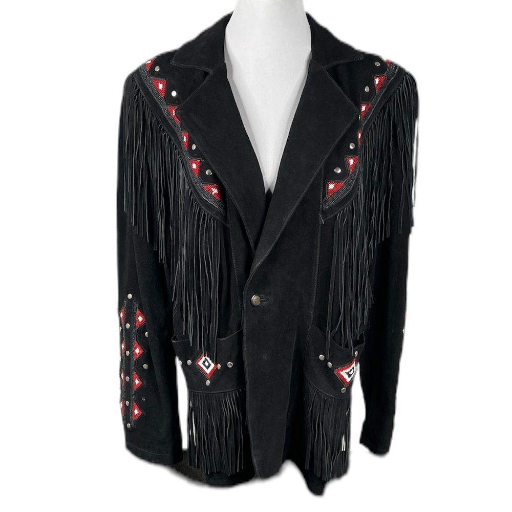 3B West by Tansmith Fringed and Beaded Suede Jacket, Large, Black, White, Red